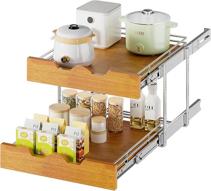 DINDON 2 Tier Pull Out Cabinet Organizer (20" W x 21" D) Slide Out Wood Shelf Double Tier Kitchen Wire Basket with Chrome Finish…