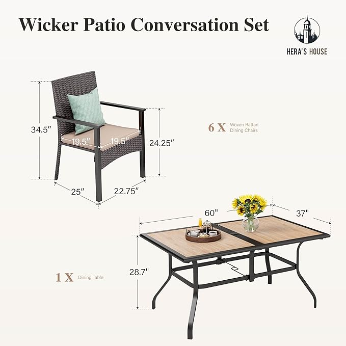 HERA'S HOUSE 7 PCS Outdoor Dining Sets for 6, Outdoor Rattan Chairs and Wood Like Table with 1.57" Umbrella Hole, Patio Dining Set for Deck, Balcony, Backyard, Garden
