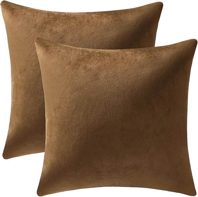 DEZENE Throw Pillow Cases 16x16 Golden Brown: 2 Pack Cozy Soft Velvet Square Decorative Pillow Covers for Farmhouse Home Decor
