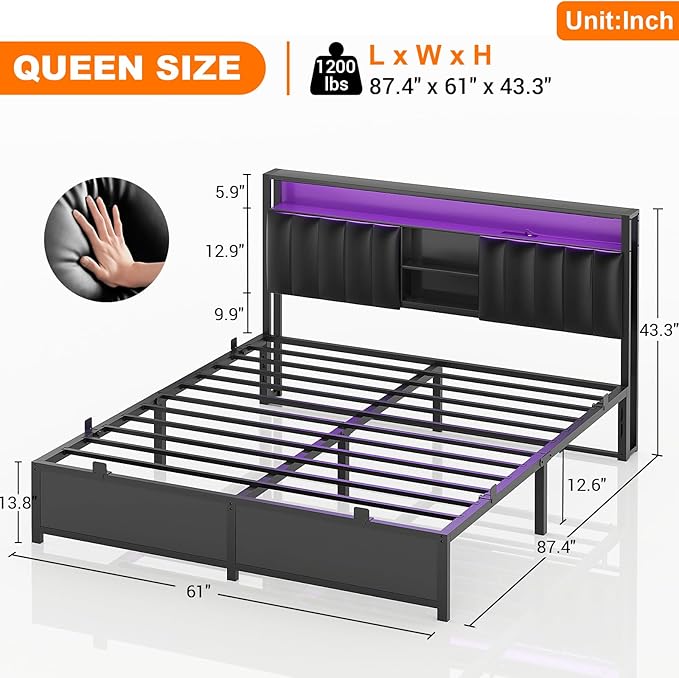 Aheaplus Queen Size Bed Frame with Charging Station & Led Lights, Platform Bed with Leather Upholstered Headboard and Storage, Metal Slats Support No Box Spring Needed, Noise-Free, B6, Black