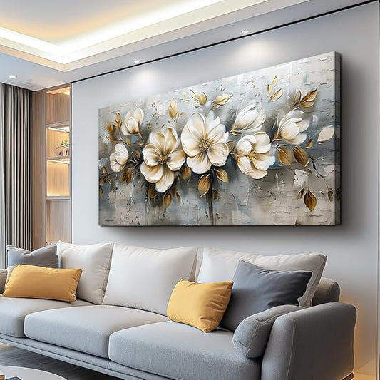 PHAOHUAXM Large Canvas Wall Decor Living Room For Wall Art For Bedroom Office Decorations Abstract White Flowers Wall Paintings Pictures Artwork Modern Framed Posters Home Decor Aesthetic 30"x60"