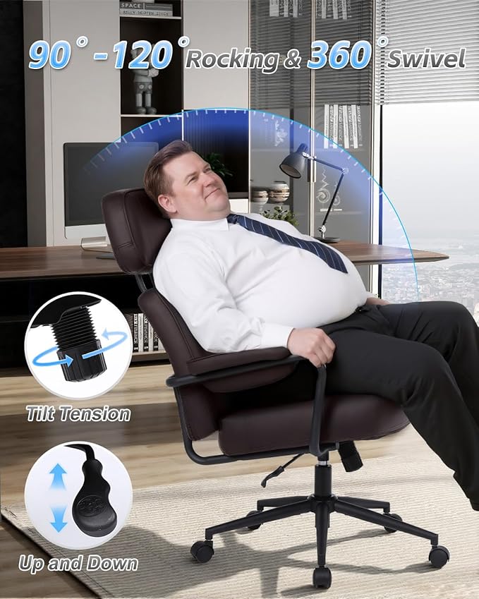 Office Chair Big and Tall 500lbs, Desk Chair Comfy, Oversized Computer Gaming Chair Extra Wide, Executive PU Leather Heavy Duty, High Back Swivel Rocking Chairs with Wheels for Home,Brown