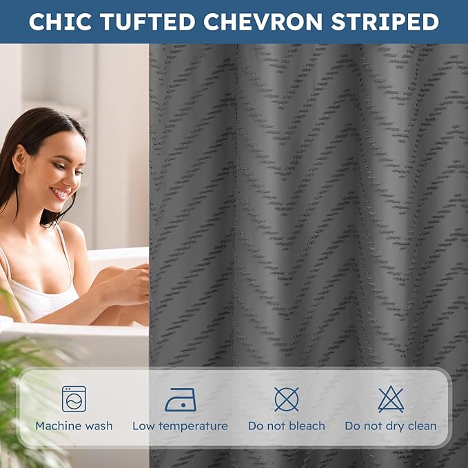 No Hook Shower Curtain and Snap in Liner Set Grey Tufted Chevron Striped Cloth Waterproof Washable Fabric Boho Gray Bath Curtain with See Through Mesh Top Window for Bathroom Hotel 71" x 74"