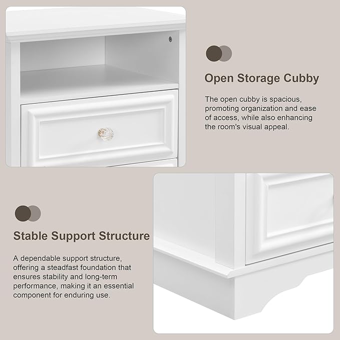 XIAO WEI Nightstand with Hidden Drawer, 2-Drawer Nightstand with Open Shelf – Sturdy Wood Bedroom End Table for Storage, Modern Furniture for Bedroom Organization, White