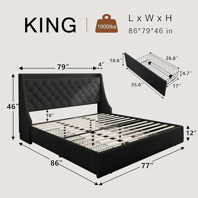King Size Bed Frame with 4 Storage Drawers, Upholstered Bed Frame with Wingback Headboard, Charging Station, No Box Spring Needed, Easy Assembly, Black