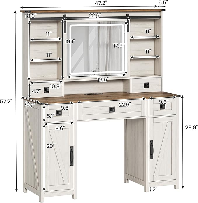 AOGLLATI Farmhouse Makeup Vanity Desk with Lights & Charging Station,Vanity Desk with Mirror and Lights, 47.2” Large Brown Vanity Table with Ample Storage Space and Sliding Mirror (Antique White)