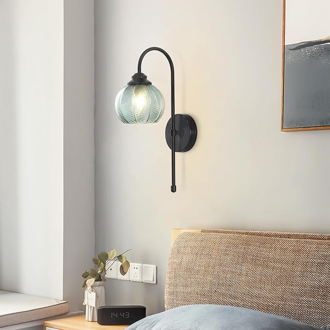 KCO Lighting Mid Century Modern Wall Sconce Matte Black Vintage Bathroom Light Fixture Green Glass Globe Wall Light Hallway Indoor Sconces Wall Lighting Set of 2