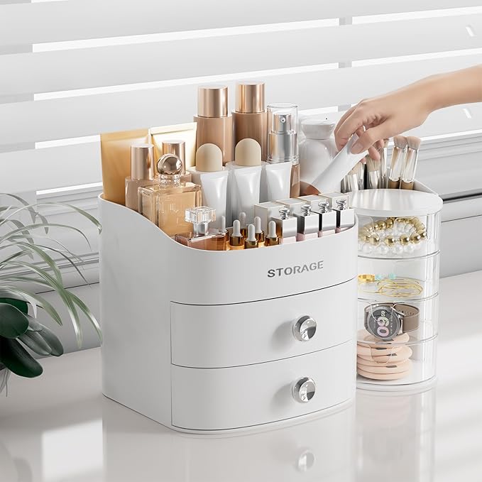 Makeup Organizer Countertop with Drawers, Make up Organizers for Vanity, Skincare Jewelry Earring Organizers, Cosmetic Display Cases Makeup Storage for Bedroom & Bathroom, Ideal Gifts for Women(White)