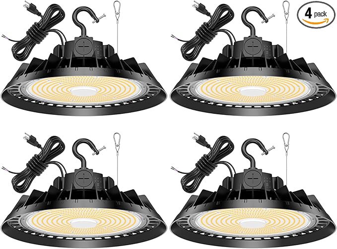 4Pack LED High Bay Lights, 150W UFO High Bay LED Shop Lights, 22500LM Adjustable CCT(5700K 5000K 4500K) & Power(150W 120W 80W), 0-10V Dimmable, 5' Cable Plug, IP65 Waterproof, ETL & DLC Listed