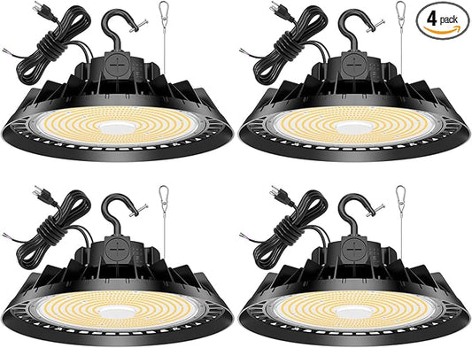 4Pack LED High Bay Lights, 150W UFO High Bay LED Shop Lights, 22500LM Adjustable CCT(5700K 5000K 4500K) & Power(150W 120W 80W), 0-10V Dimmable, 5' Cable Plug, IP65 Waterproof, ETL & DLC Listed