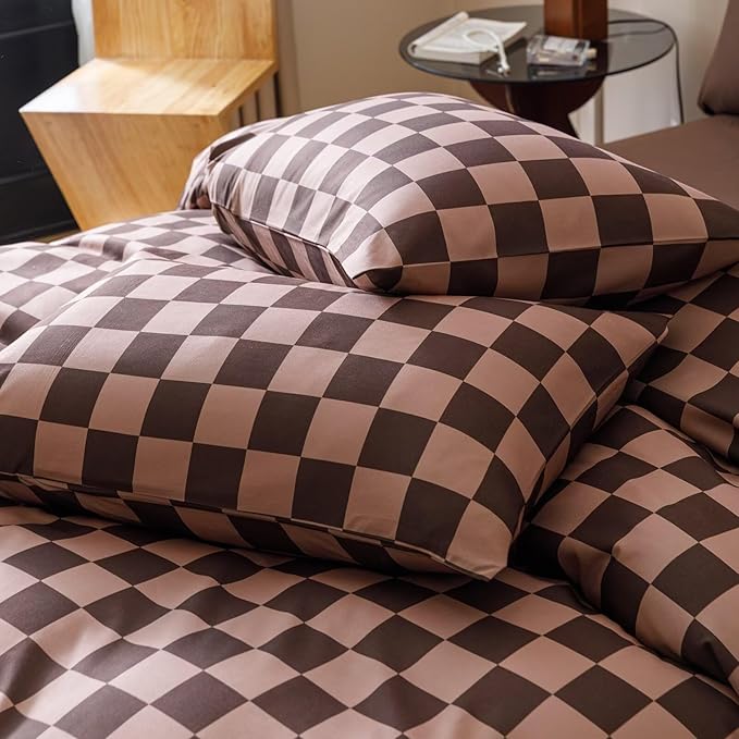 Luxlovery Brown Grid Comforter Set Full Brown Khaki Plaid Bedding Comforter Set Women Men Full Bed Soft Breathable Blanket Quilts Modern Geometric Coffee 3pcs Bedding Set