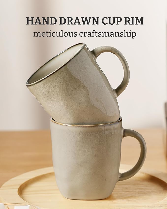 famiware Coffee Mugs Set of 4, Ocean Square 13oz Coffee Cup Set with Handle for Cocoa, Milk, Hot Chocolate, Tea, Water, Stoneware Cups for Kitchen, Microwave and Dishwasher Safe, Light khaki