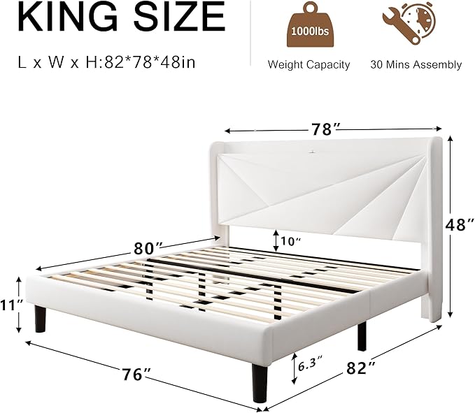 King Size Upholstered Bed Frame with Charging Station, Platform Bed Frame with Storage Headboard, Solid Wood Slats Support, No Box Spring Needed, White