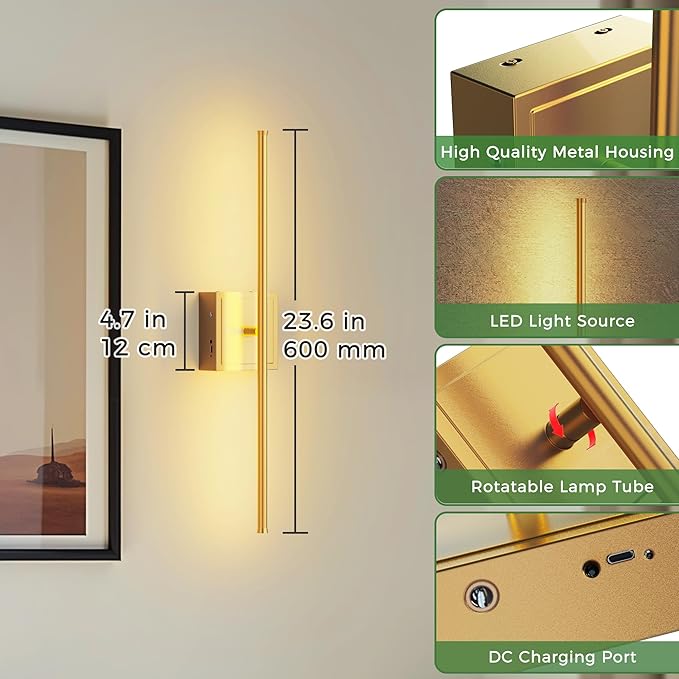 DORESshop Battery Operated Wall Sconces Set of Two with Remote Control, Rechargeable Wall Sconce, 350°Rotate Dimmable Wireless Wall Sconce for Living Room, Hallway, Bedroom, 23.7 Inch, Gold(2 Pack)