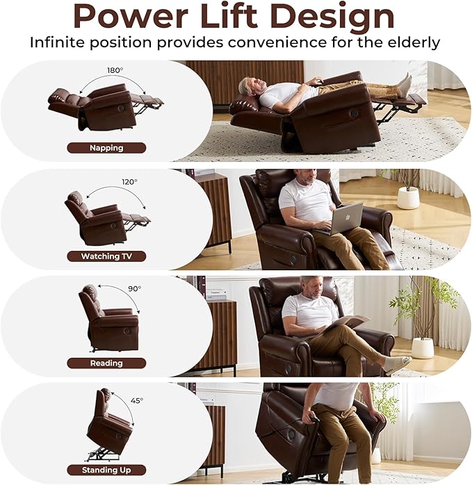 Power Lift Recliner Chair for Elderly with Adjustable Headrest, Oversized Lay Flat Recliner with Massage and Heat,28" Extra Wide Lift Chair for Big and Tall, Infinite Position,Extended Footrest, Brown