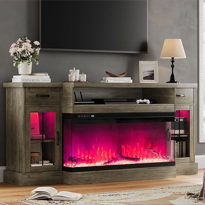 4 EVER WINNER Farmhouse Fireplace TV Stand with 40" Electric Fireplace for 80" TV, 70" Entertainment Center with Adjustable Storage Cabinets, 2 Drawers, LED Lights, TV Consoles for Living Room, Grey