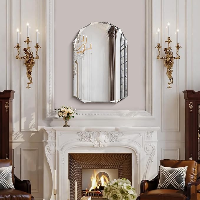 KOCUUY 24"x36" Frameless Mirror, Arched Shape with Diamond-Shaped Beveled Edge,Unframed Decorative with Upgraded Shatterproof Glass,Unique Frameless Mirror for Bathroom,Living Room,Bedroom