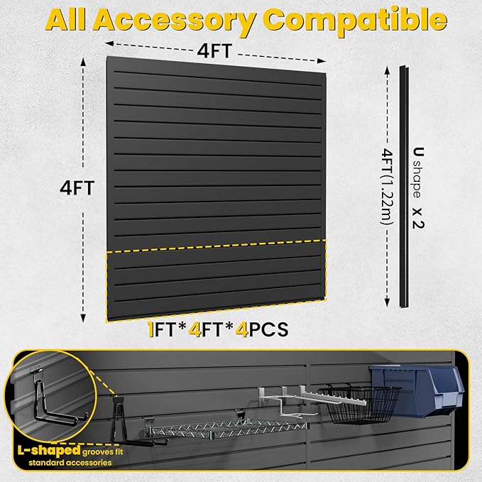 Slat Wall Paneling 4x4 FT, PVC Slat Wall Panels Heavy-Duty Garage Organization System with Hooks & Accessories, Slatwall Pegboard Suitable for Home、Garage、Shop Display & Organization (Black)