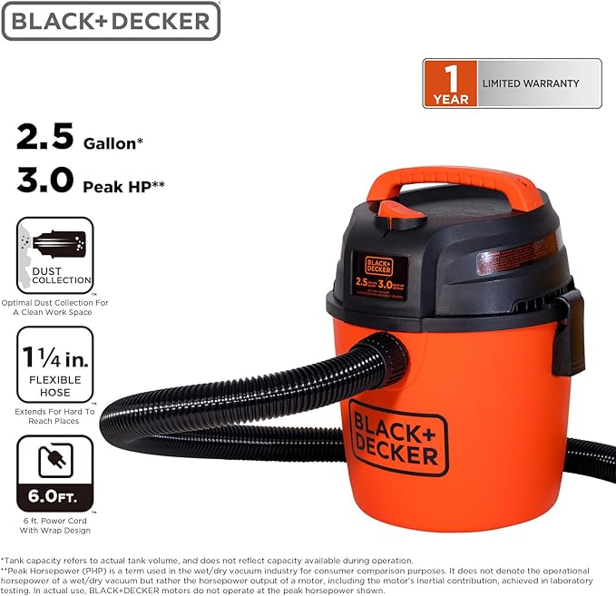 BLACK+DECKER Shop Vacuum Wet and Dry, Mini Shop Vac with Accessories, 2.5 Gallon 3 HP, Small Vacuum for Garage, Home and Pet, 80 CFM, BDXV18134PA