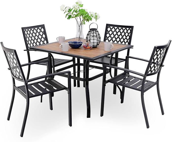 PHI VILLA Metal Outdoor Patio Dining Chairs and 37"x37" Wood-Like Square Table Furniture Set of 5