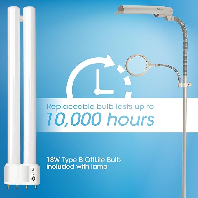 OttLite 18w EasyView Standing Floor Lamp with Optical Grade 3X Magnifier Attachment Arm & Flexible Neck - Wide Wing Shade with Modern Design for Crafting, Work, Office, Dorm Room, Sewing & Reading