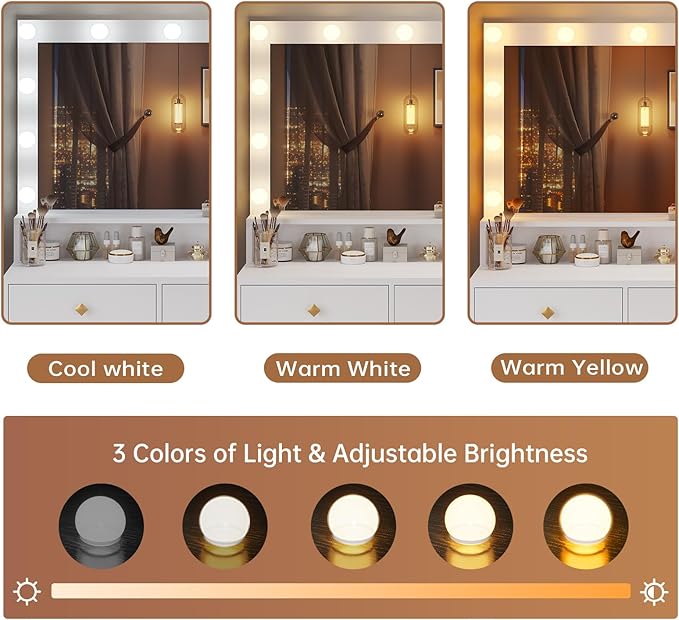 Tiptiper Makeup Vanity Desk with Mirror and Lights & Charging Station, White Vanity Table with 5 Storage Drawer & Glass Door & 3 Shelves for Bedroom, Modern White