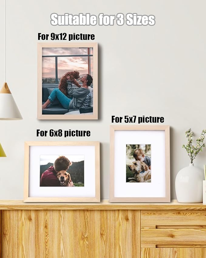 Egofine 9x12 Picture Frame Made of Solid Wood with Plexiglass, Display Pictures 5x7/6x8 with Mat or 9x12 Without Mat for Tabletop and Wall Mounting, Oak Wood