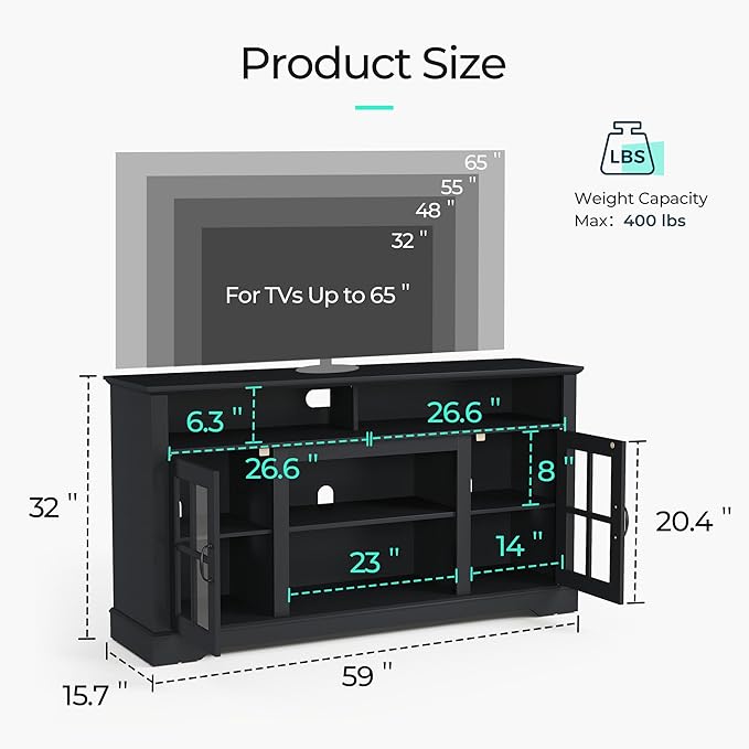 LINSY HOME TV Stand for 65 Inch TV, 32" Tall Entertainment Center with LED Lights and Glass Door Storage Cabinet, Modern Farmhouse TV Media Console Table for Living Room, Black