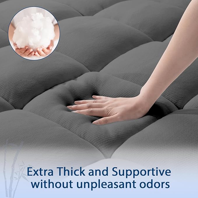 ELEMUSE Twin Grey Cooling Bamboo Viscose Mattress Topper for Back Pain, Extra Thick Mattress Pad Cover, Plush Soft Pillowtop with Elastic Deep Pocket, Overfilled Down Alternative Filling