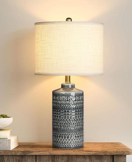 Modern Ceramic Table Lamp, 24.5" Living Room Lamps 3-Way Dimmable Gray Nightstand Lamp with White Shade|Tall Bedside Lamp Desk Decor Lamps for Bedrooms Farmhouse Office End Table Lamps(Bulb Included)