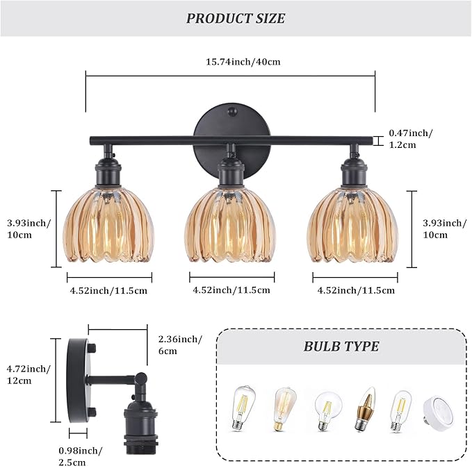 Bathroom Light Fixtures, 3-Light Black Vanity Wall Light Over Mirror with Amber Tulip Glass Shade for Bedroom Living Room