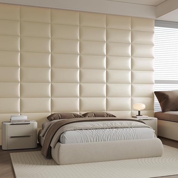 Beige Stick Headboard - 12-Piece Wall-Mounted Bed Backboard for Queen Size Beds, 24 x 12 Inches, Easy-to-Install Decorative Bed Head and Peel and Stick Queen Size Headboard for Bedroom Décor