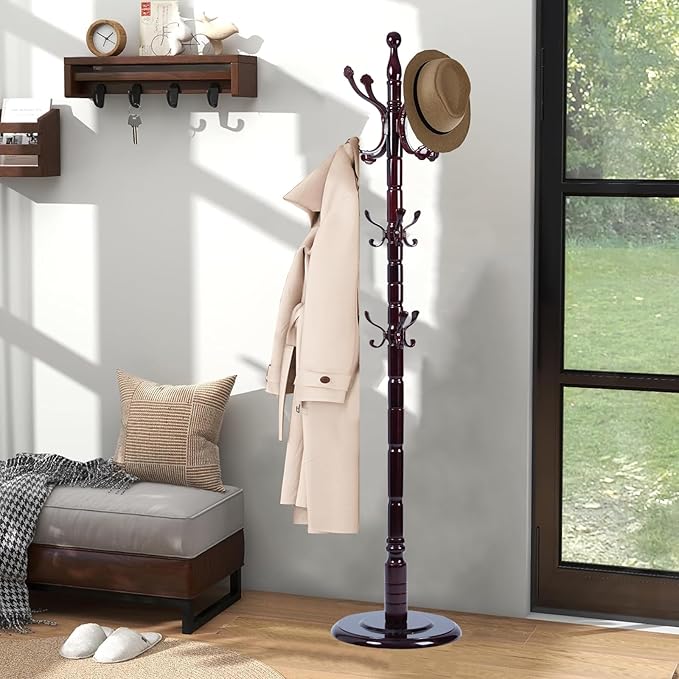 Coat Racks Freestanding, Natural Wood Coat Stands with 14 Hooks, 73" Heavy Duty Adjustable Height Vintage Hall Tree for Entryway, Bedroom, Office, Easy Assembly (Rosewood Ruyi hook)