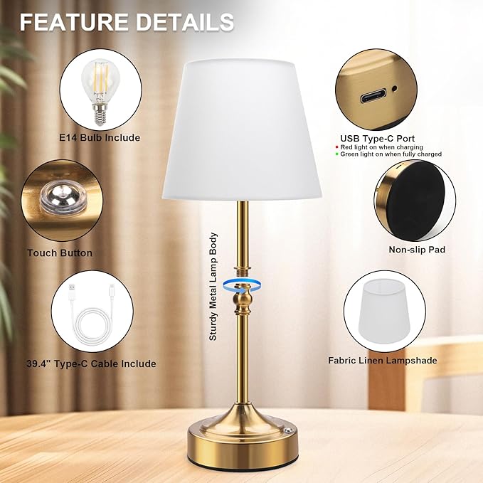 Rechargeable Cordless Lamp, 5000mAh Battery Operated Table Lamp, Wireless 3-Level Dimmable Touch Lamp, Portable Night Bedside Brass Lamp, Desk Light for Home Decor, Patio, Restaurant, Dinning