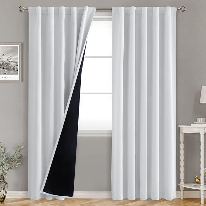 BGment Greyish White 100% Blackout Curtains 84 Inches Long with Noise-reducing Liner, Rod Pocket and Back Tab Double Layer Room Darkening Window Curtains for Bedroom, 2 Panels, Each 42 x 84 Inch