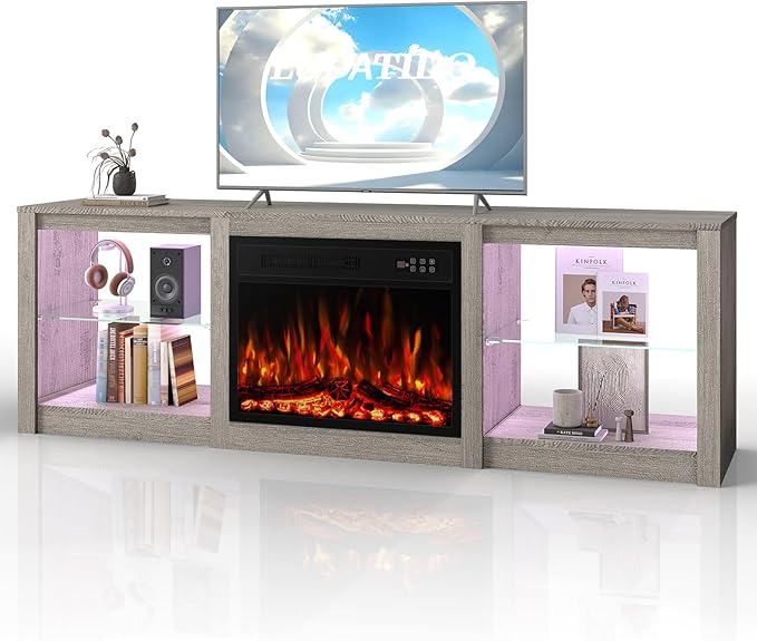 Ludatido 70 Inch Fireplace TV Stand with 23" Fireplace Insert, Entertainment Center with 14-Color LED Lights, Open Storage, Adjustable Glass Shelves, Gray TV Stand for Living Room Fits up to 80" TVs