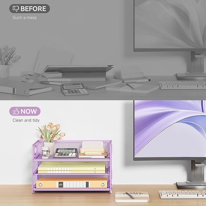 Subekyu 3 Tier Letter Tray Paper Organizer with Handle and 1 PC Sliding Tray, Purple Metal Mesh Desk File Folder Paper Sorter Organizer for Home Office School Desk Supplies Organization Storage