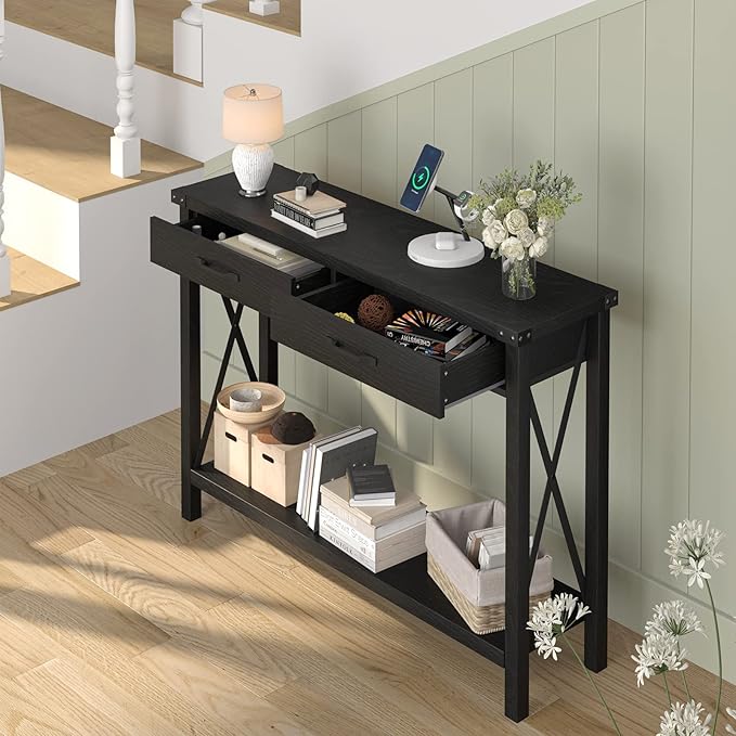 43” Entryway Table with Drawers, Narrow Console Sofa Table with Storage & Shelves, Farmhouse Entryway Console Table for Hallway, Living Room - Black