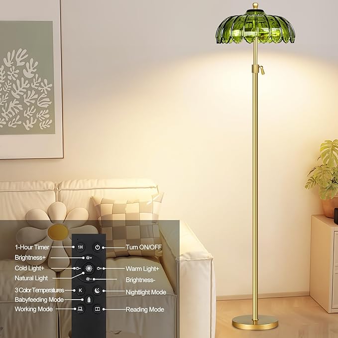 Gold Floor Lamps for Living Room Vintage Floor Lamp with Remote Control & Glass Lampshape,Mid Century Modern Standing Lamp with 3 Color Temperature Brass Flower Tall Floor Lamp for Bedroom Corner
