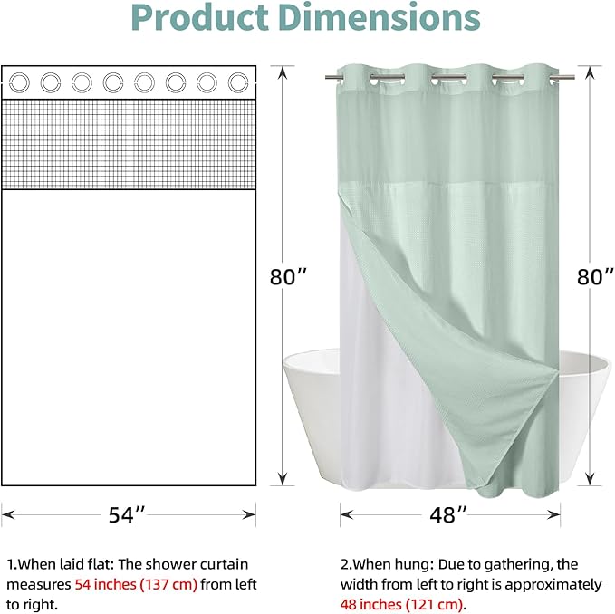 MintGreen No Hook Waffle Weave Shower Curtain with snap-in Liner Replacement, 230GSM Waterproof Fabric Hotel Shower Curtain Set for Bathroom, Through Mesh Top Window,54Wx80H