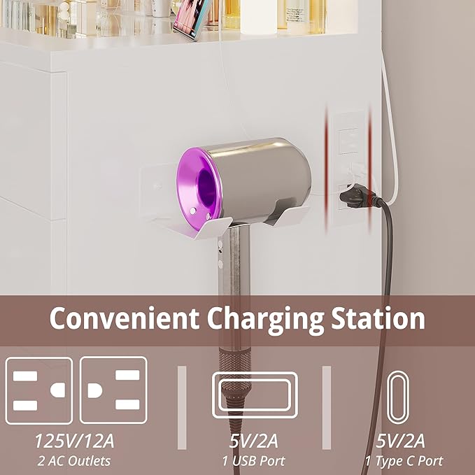 IRONCK 46'' Makeup Vanity Set with LED Mirror & Power Outlet - 11 Drawers, Glass Top, Hair Dryer Rack, Dressing Table with Storage Bench for Bedroom, 3 Lighting Color Adjustable, White