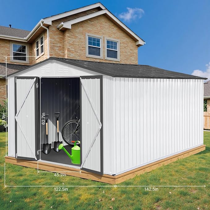 10 x 12 FT Outdoor Storage Metal Shed, Garden Bike Shed with Slooping Roof, Lockable Doors and Windows, All-Weather Tool Shed Easy to Assemble for Backyard, Patio, Lawn, White+Black