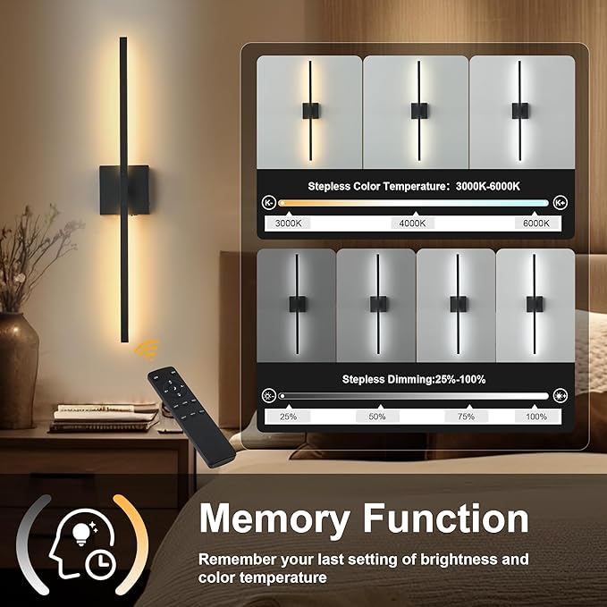 Wireless Battery Operated Wall Sconces Set of Two, Dimmable Modern Wall Sconce with Remote Control, 360°Rotation & Timer & Memory, Black Led Rechargeable Wall Lights for Living Room, 28.3 Inch