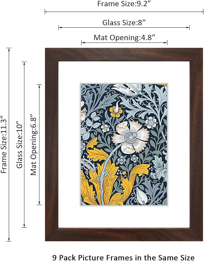 8x10 Picture Frame Set of 9 for Pictures 5x7 with Mat or 8x10 Without Mat, Wall or Tabletop Gallery Photo Frames Walnut