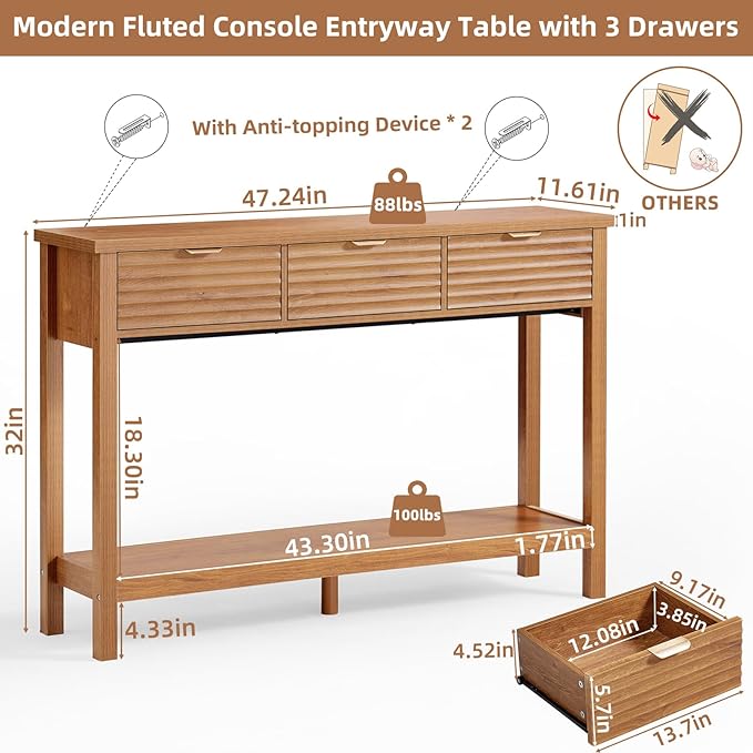 LEYAOYAO Fluted 47.2" Console Table with 3 Drawers, Modern Wood 2 Tier Entryway Table with Open Storage Shelf, Boho Sofa Entry Tables Behind Couch for Living Room, Hallway, Entrance Foyer, Tea Brown