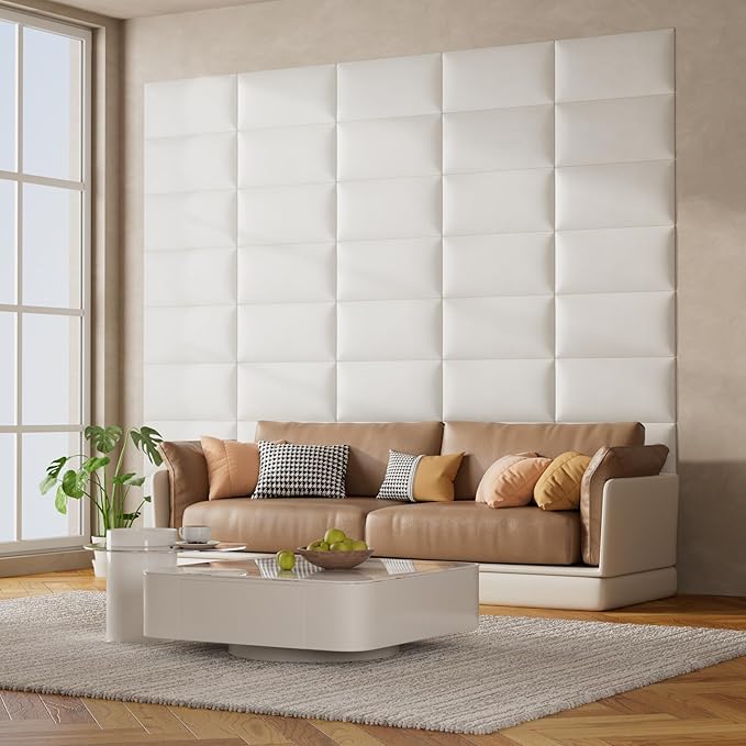 6-Piece Wall Mount Headboard Kit - White Peel and Stick Upholstered Headboard for Queen Size Bed, Floating Bed Backboard, 24" x 12" Panels, Artificial Leather