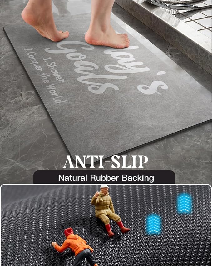 MontVoo -Bath Mat Rug- Non Slip Quick Dry Absorbent Thin Bathroom Rugs Fit Under Door-Faux Suede Surface Bathroom Floor Mats-Shower Rug for in Front of Bathtub Shower 17 X59 Grey Text Pattern