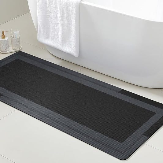 Ultra Thin Bath Mats Fit Under Door, Upgrade Backing Non Slip Bath Mat, Quick Dry Ultra Absorbent Bath Mat, Machine Washable Bathroom Rugs for Bathroom Floor, Bathtub, Kitchen, Black, 59"x20"