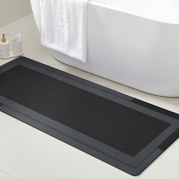 Ultra Thin Bath Mats Fit Under Door, Upgrade Backing Non Slip Bath Mat, Quick Dry Ultra Absorbent Bath Mat, Machine Washable Bathroom Rugs for Bathroom Floor, Bathtub, Kitchen, Black, 48"x20"