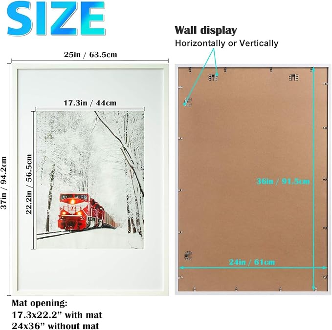 Egofine 24x36 Solid Wood Picture Frame, Made of Solid Wood Covered by Plexiglass 18x24 with Mat 24x36 without Mat, Poster Frame for Wall Mounting Photo Frame Vertically or Horizontally, White